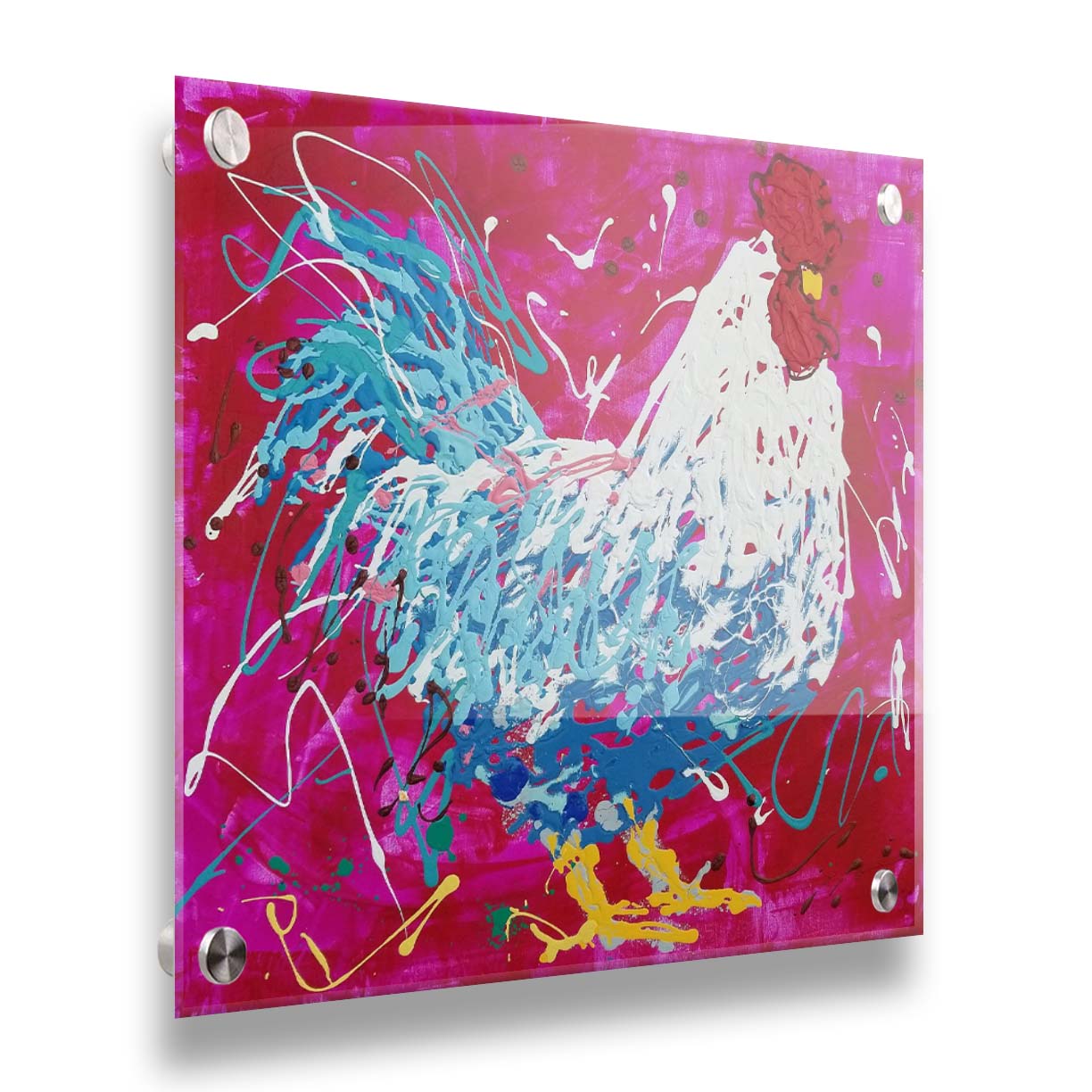 A drip painting of a white and blue rooster on a red and pink background, accented by white, yellow, green, and brown. Printed on acrylic.