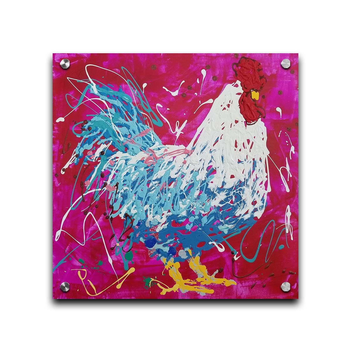 A drip painting of a white and blue rooster on a red and pink background, accented by white, yellow, green, and brown. Printed on acrylic.