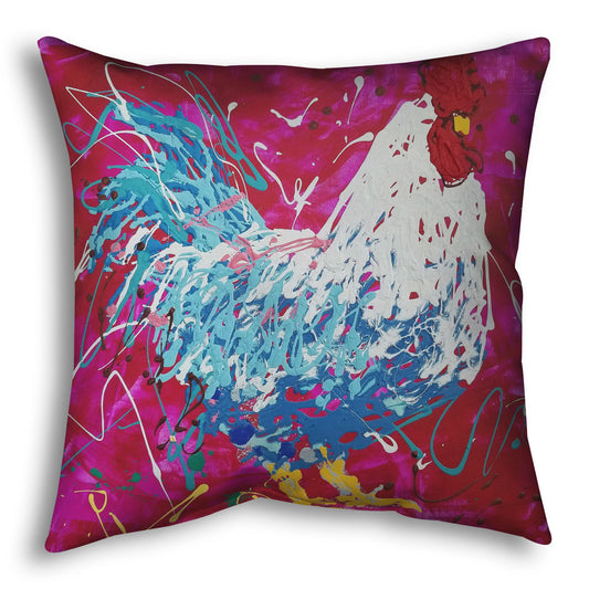 A square throw pillow designed with a drip painting of a white and blue rooster on a red and pink background, accented by white, yellow, green, and brown.