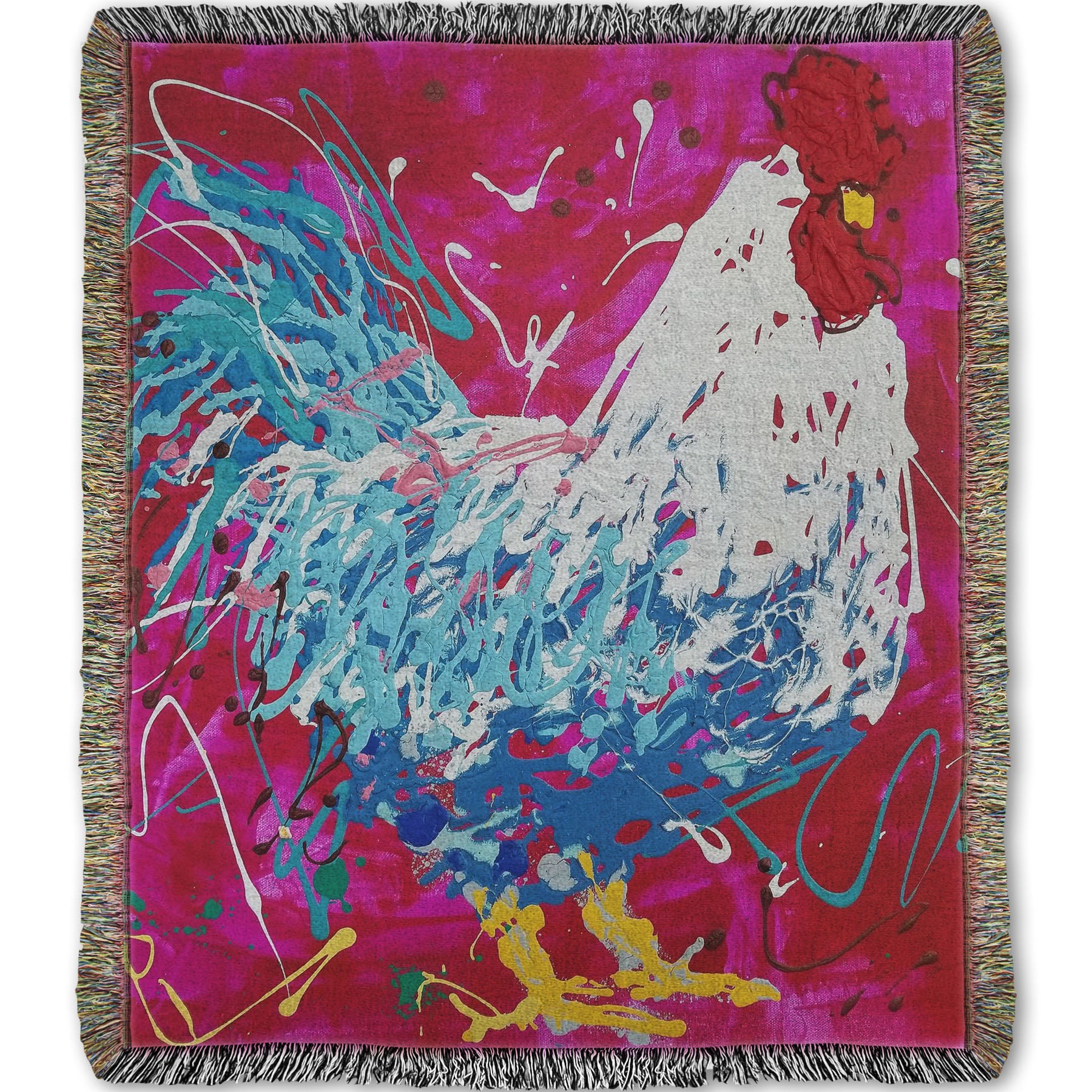 A woven throw blanket designed with a drip painting of a white and blue rooster on a red and pink background, accented by white, yellow, green, and brown.