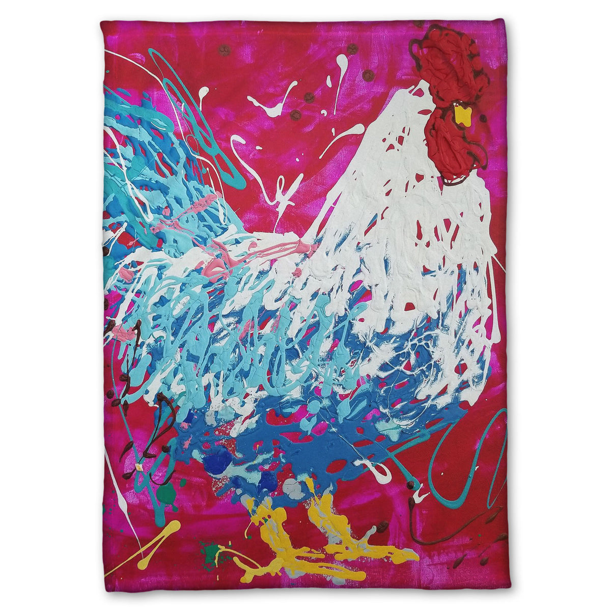 A fleece throw blanket designed with a drip painting of a white and blue rooster on a red and pink background, accented by white, yellow, green, and brown.