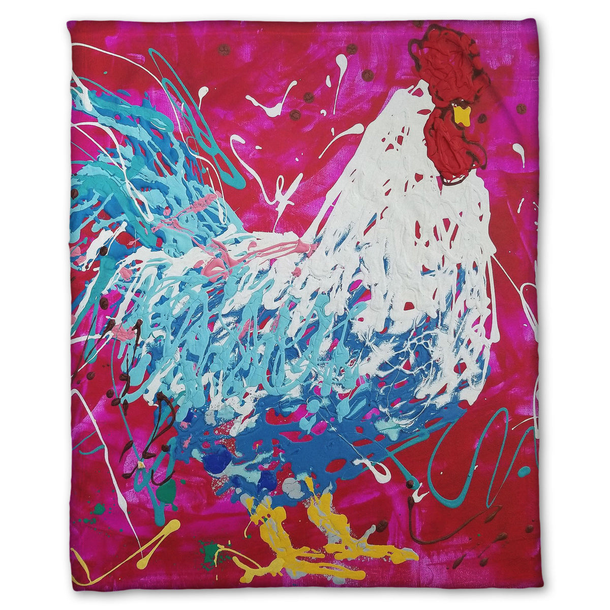 A fleece throw blanket designed with a drip painting of a white and blue rooster on a red and pink background, accented by white, yellow, green, and brown.
