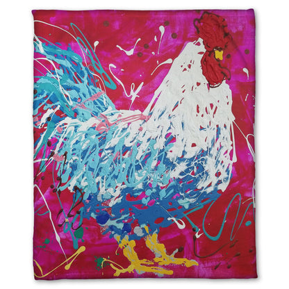 A fleece throw blanket designed with a drip painting of a white and blue rooster on a red and pink background, accented by white, yellow, green, and brown.