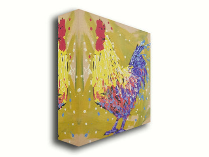 A drip painting of a yellow and blue rooster, accented by red and white, against a yellow-green background. Printed on canvas.