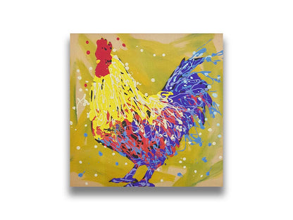 A drip painting of a yellow and blue rooster, accented by red and white, against a yellow-green background. Printed on canvas.