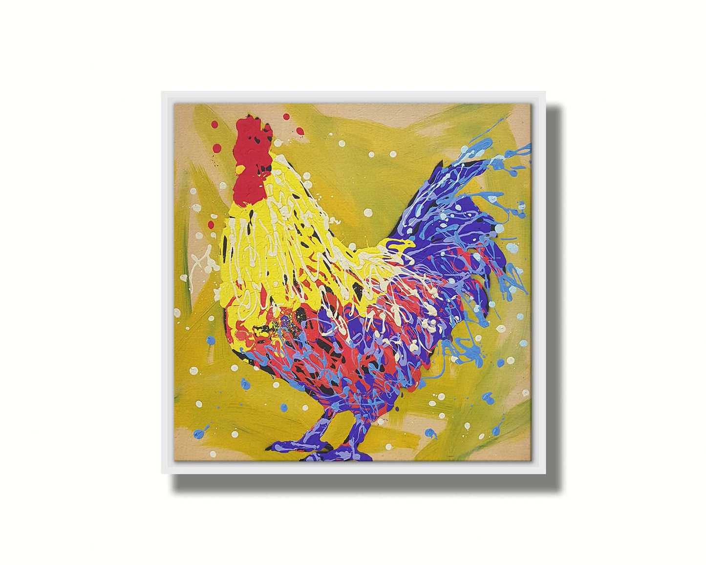 A drip painting of a yellow and blue rooster, accented by red and white, against a yellow-green background. Printed on canvas in a float frame.