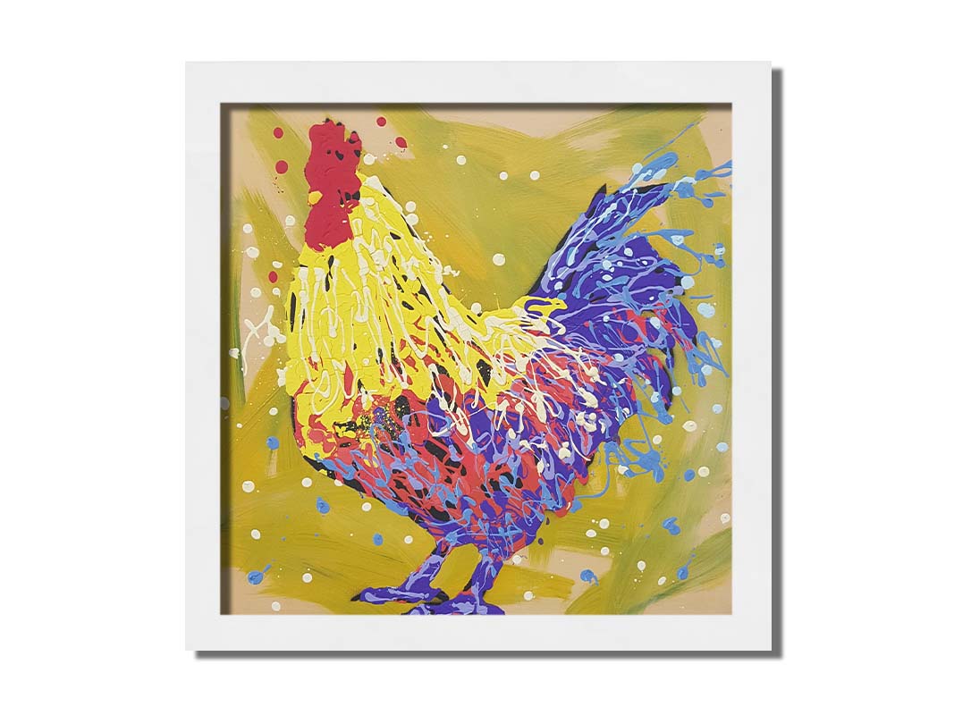 A drip painting of a yellow and blue rooster, accented by red and white, against a yellow-green background. Printed on canvas and framed.