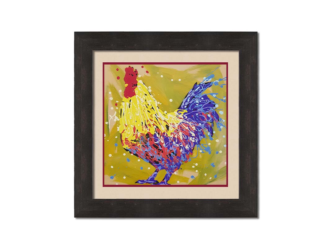 A drip painting of a yellow and blue rooster, accented by red and white, against a yellow-green background. Printed on paper, matted, and framed.