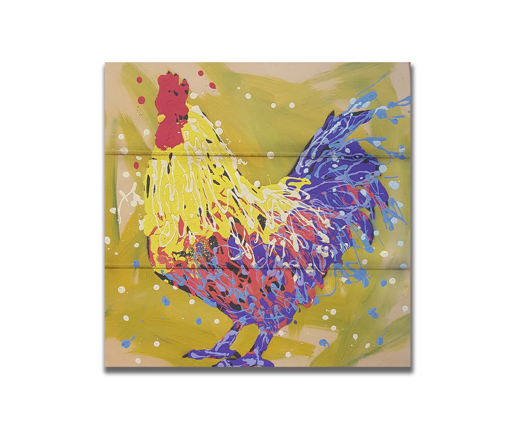 A drip painting of a yellow and blue rooster, accented by red and white, against a yellow-green background. Printed on a box board.