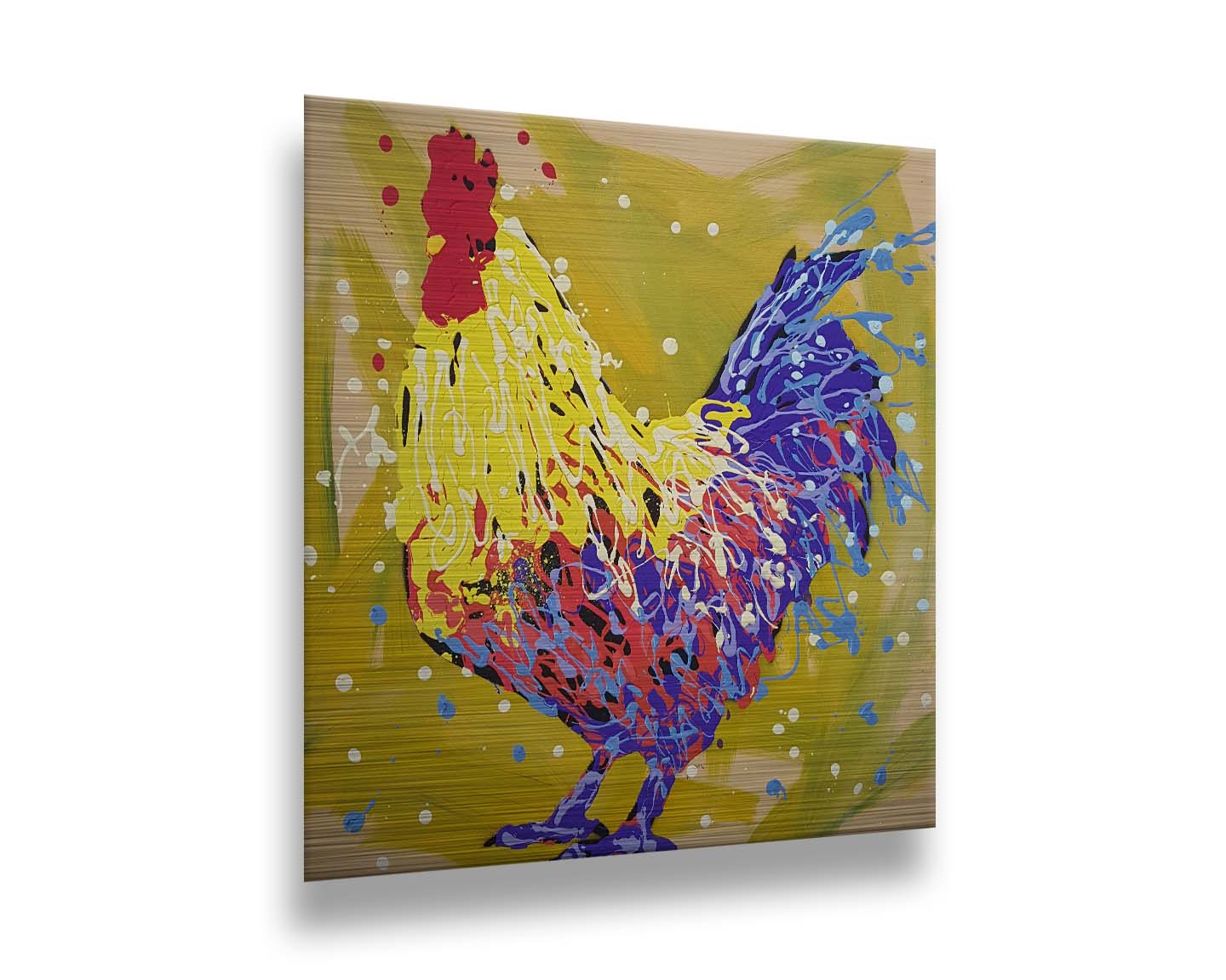 A drip painting of a yellow and blue rooster, accented by red and white, against a yellow-green background. Printed on metal.