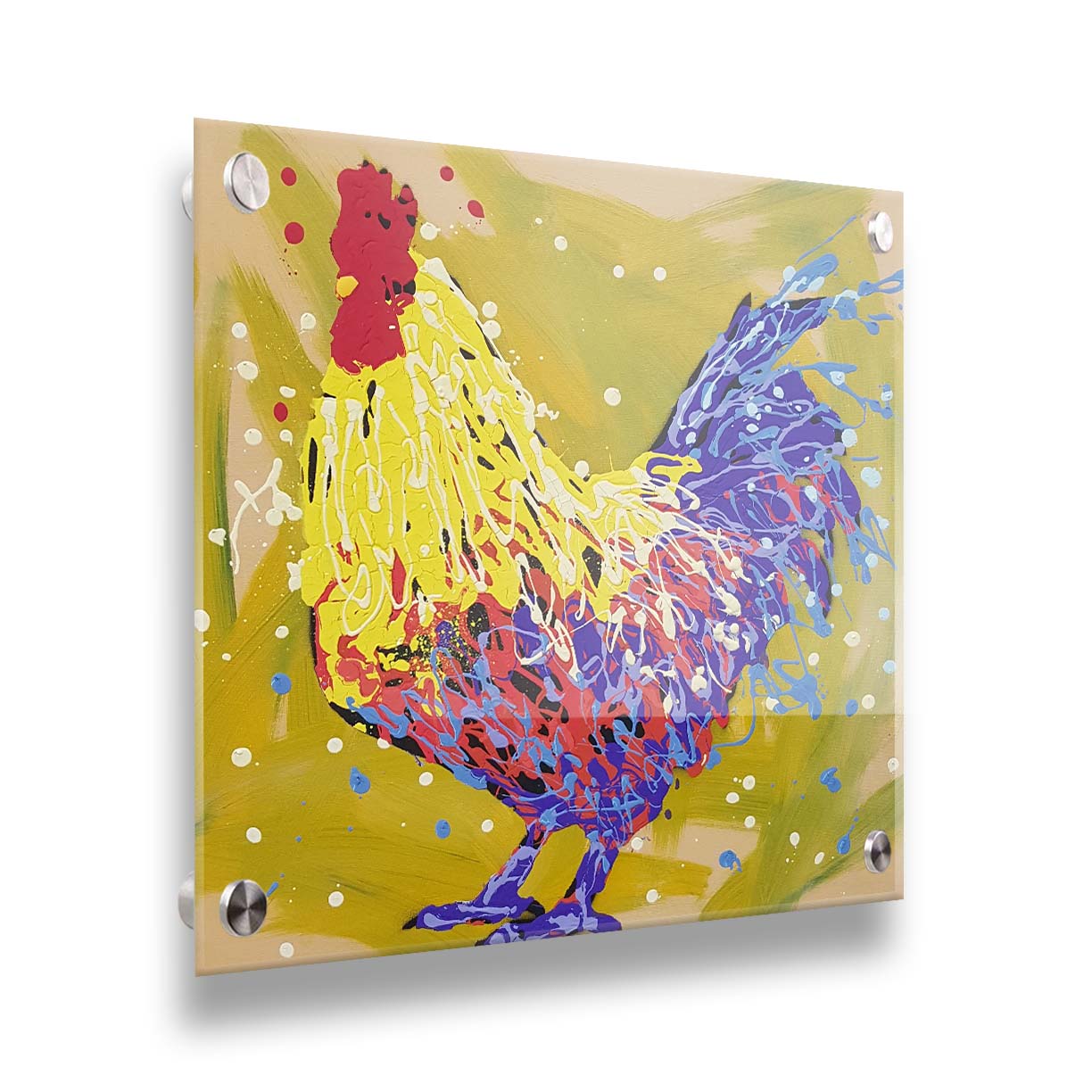 A drip painting of a yellow and blue rooster, accented by red and white, against a yellow-green background. Printed on acrylic.