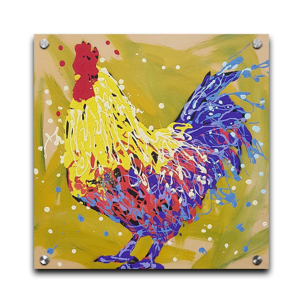 A drip painting of a yellow and blue rooster, accented by red and white, against a yellow-green background. Printed on acrylic.