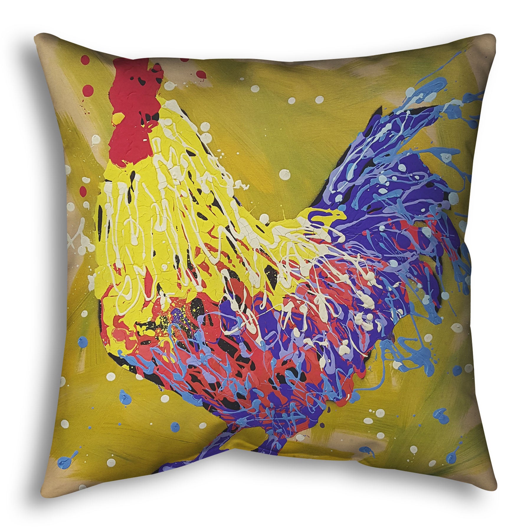 A square throw pillow designed with a drip painting of a yellow and blue rooster, accented by red and white, against a yellow-green background.