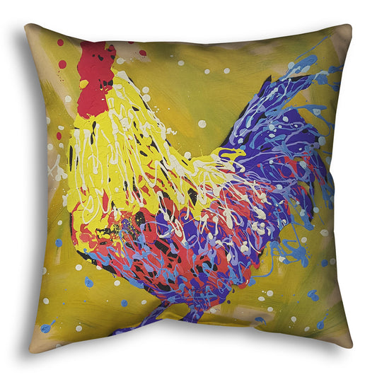 A square throw pillow designed with a drip painting of a yellow and blue rooster, accented by red and white, against a yellow-green background.