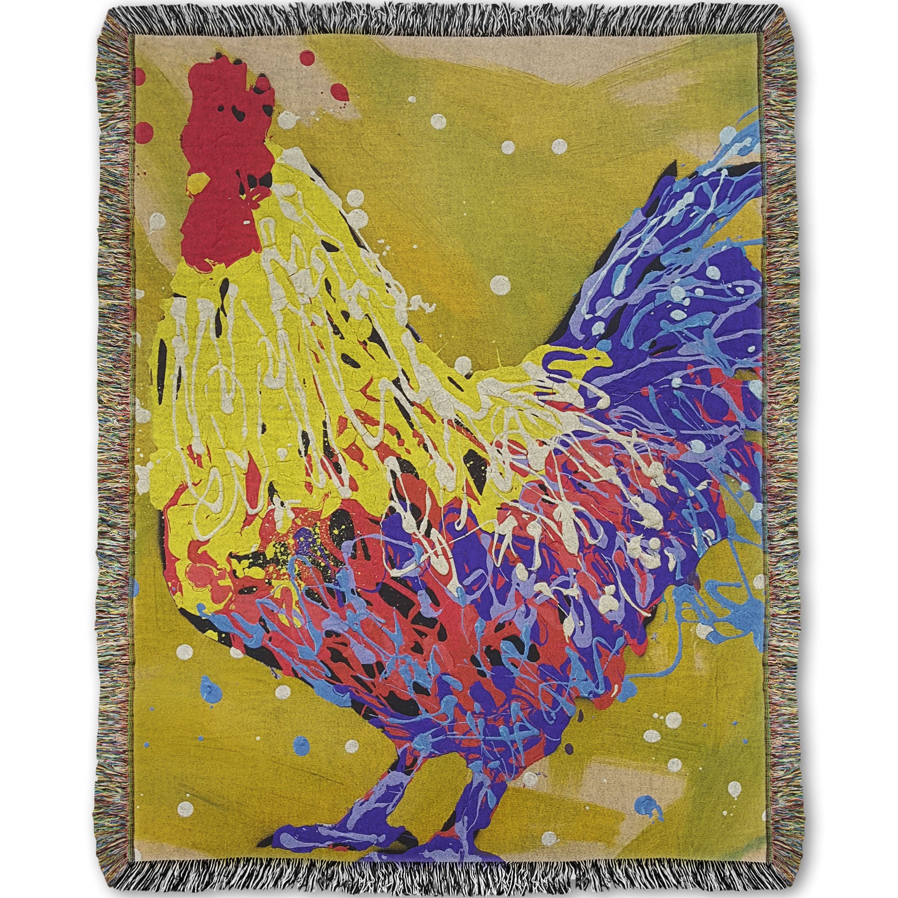 A woven throw blanket designed with a drip painting of a yellow and blue rooster, accented by red and white, against a yellow-green background.