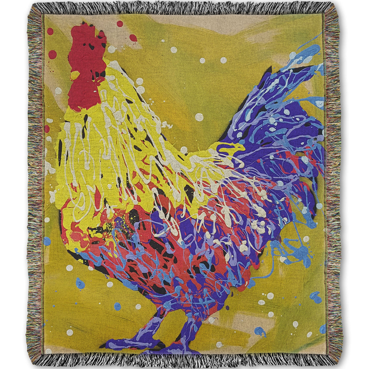 A woven throw blanket designed with a drip painting of a yellow and blue rooster, accented by red and white, against a yellow-green background.