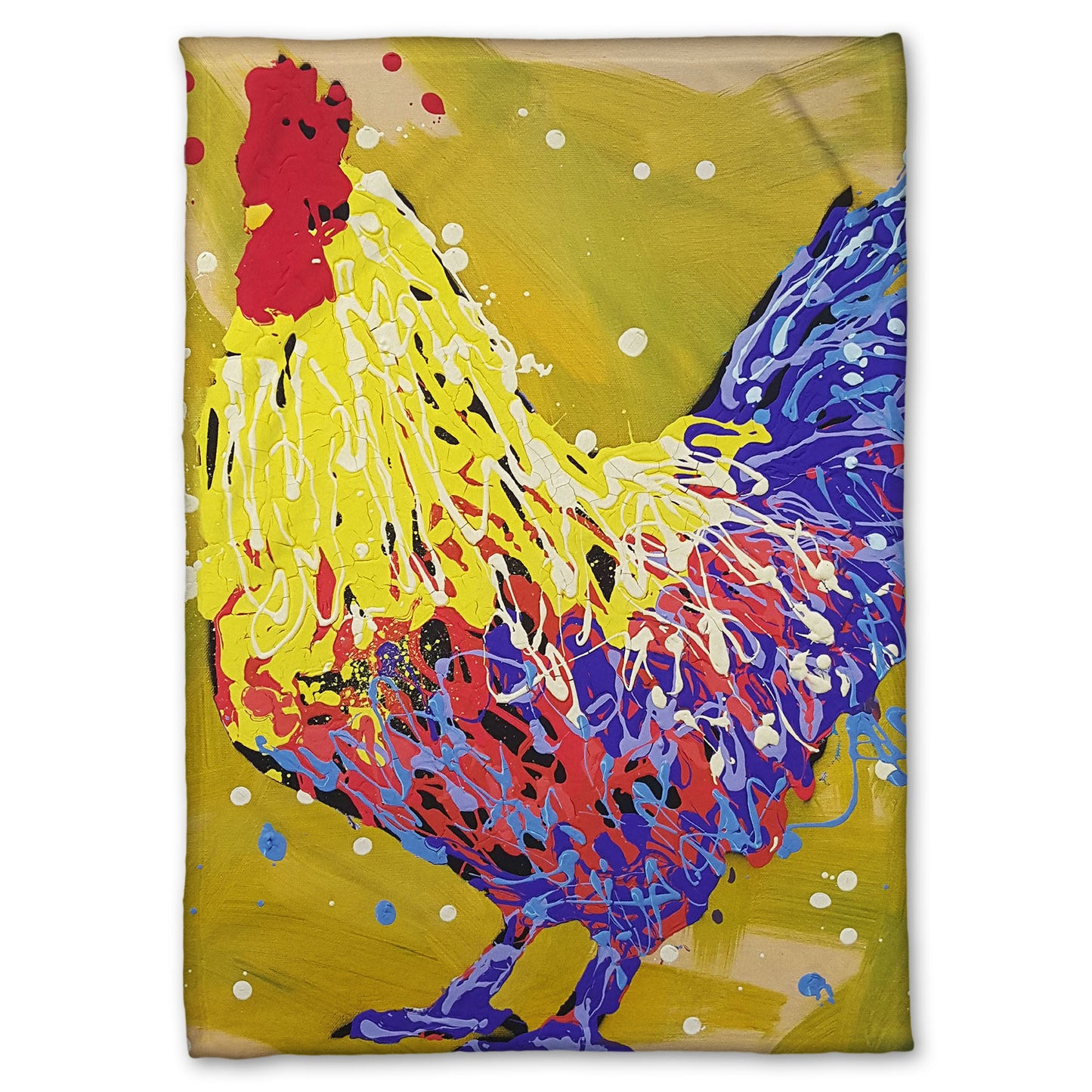 A fleece throw blanket designed with a drip painting of a yellow and blue rooster, accented by red and white, against a yellow-green background.