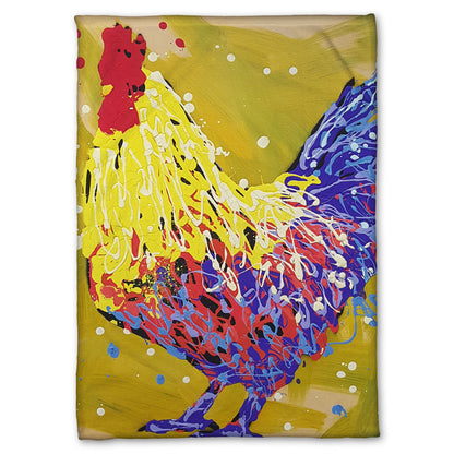 A fleece throw blanket designed with a drip painting of a yellow and blue rooster, accented by red and white, against a yellow-green background.