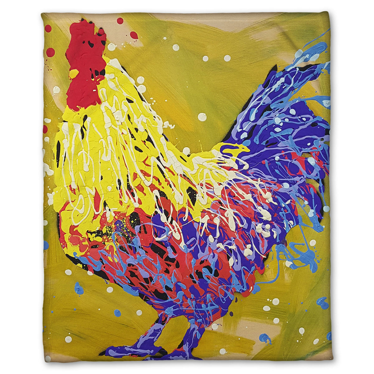A fleece throw blanket designed with a drip painting of a yellow and blue rooster, accented by red and white, against a yellow-green background.