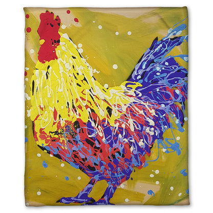 A fleece throw blanket designed with a drip painting of a yellow and blue rooster, accented by red and white, against a yellow-green background.