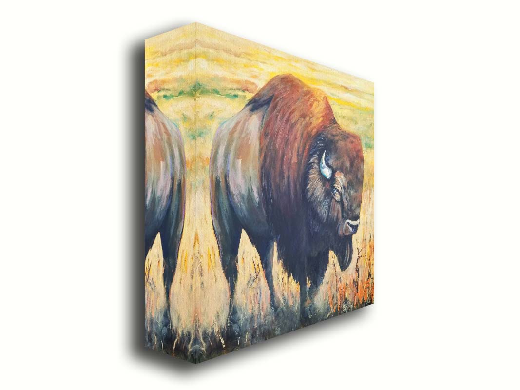 A paintng of an American bison, standing in a light yellow field. Printed on canvas.