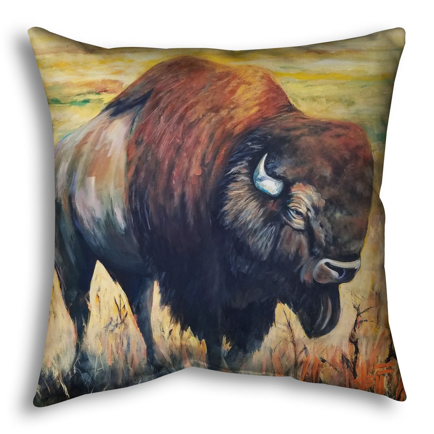 A square throw pillow designed with a painting of an American bison, standing in a light yellow field.