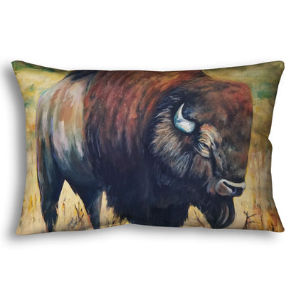 A rectangular throw pillow designed with a painting of an American bison, standing in a light yellow field.
