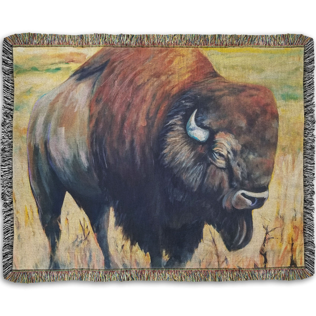 A woven throw blanket designed with a painting of an American bison, standing in a light yellow field.