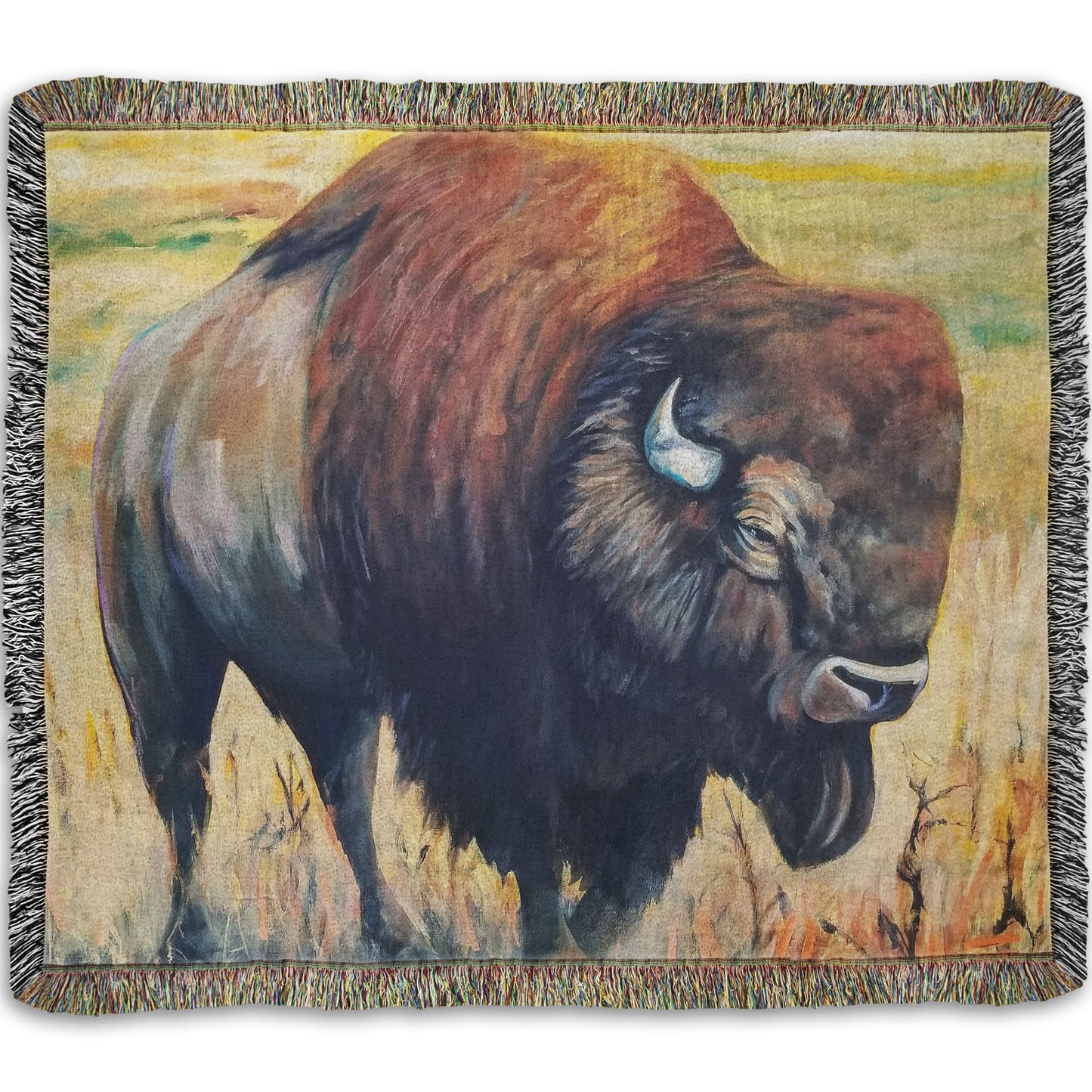 A woven throw blanket designed with a painting of an American bison, standing in a light yellow field.