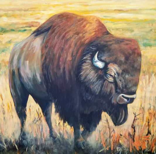 A painting of an American bison, standing in a light yellow field.