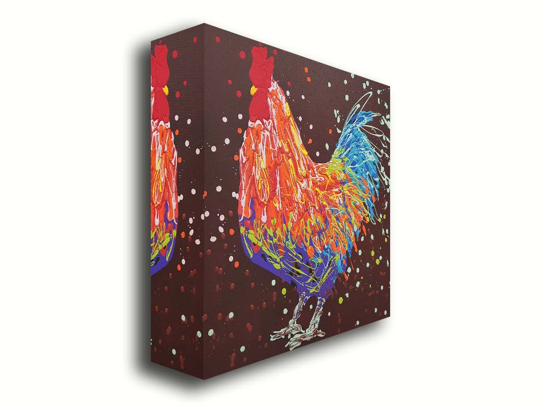 A drip painting of an orange, blue, and red rooster against a brown background. Printed on canvas.