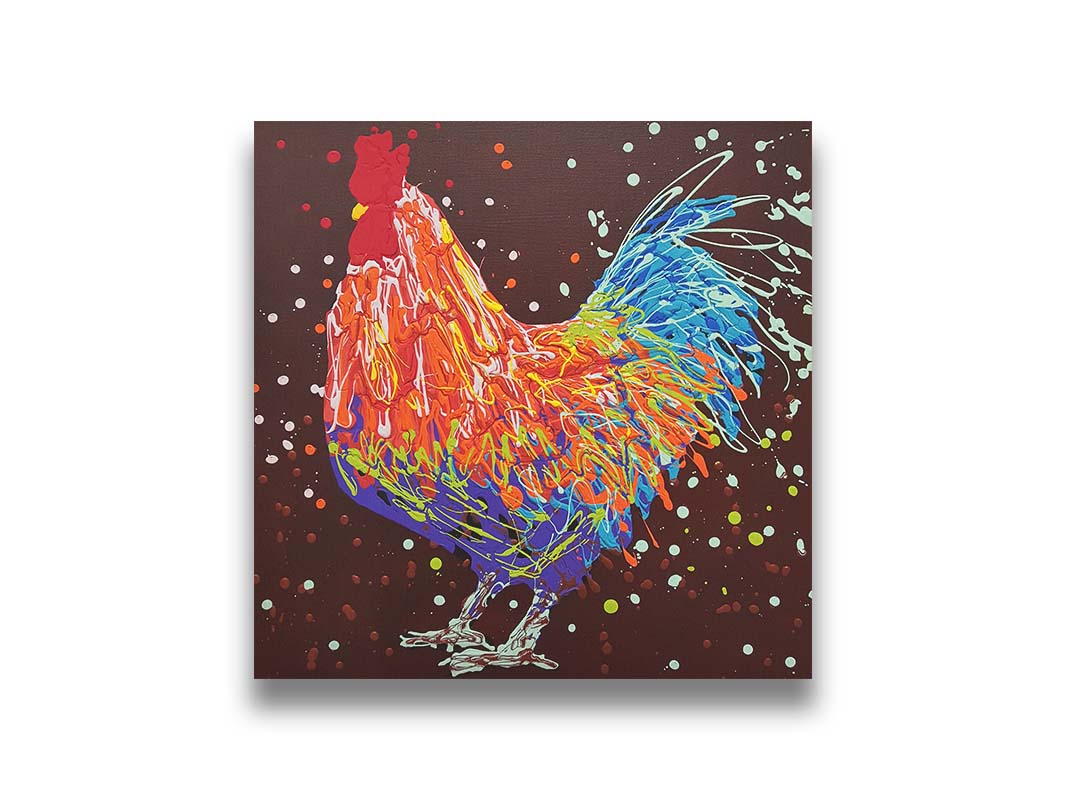 A drip painting of an orange, blue, and red rooster against a brown background. Printed on canvas.