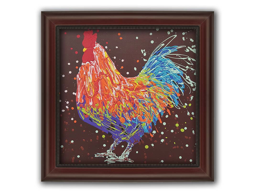 A drip painting of an orange, blue, and red rooster against a brown background. Printed on canvas and framed.