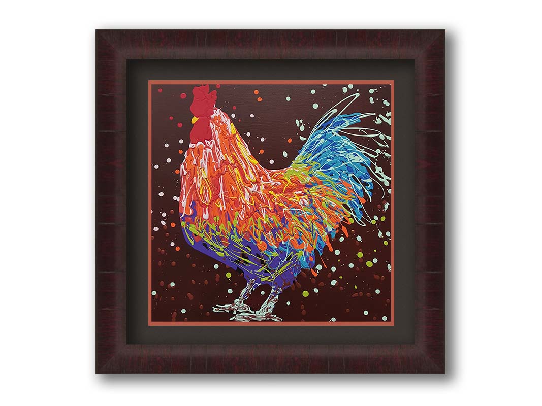 A drip painting of an orange, blue, and red rooster against a brown background. Printed on paper, matted, and framed.