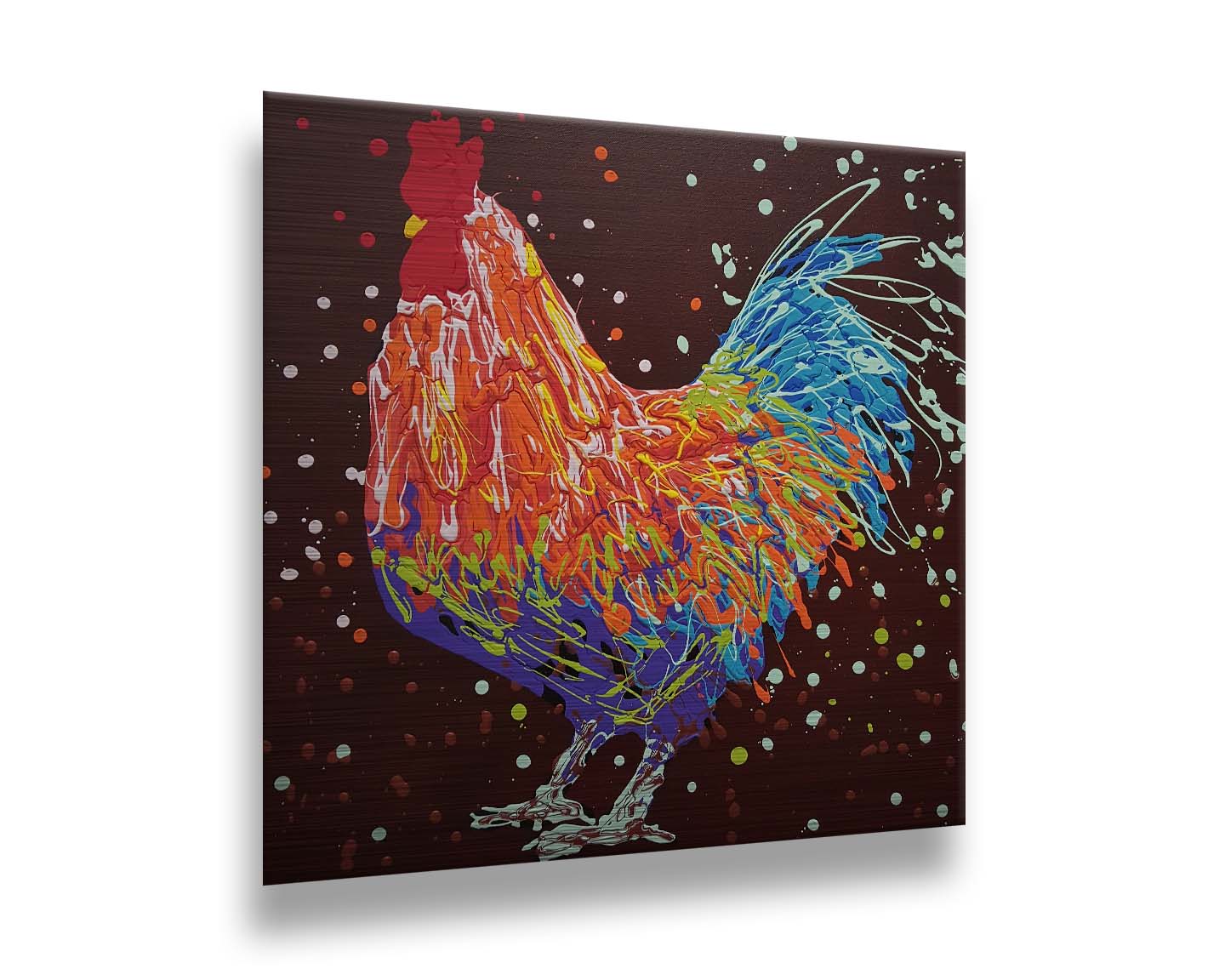 A drip painting of an orange, blue, and red rooster against a brown background. Printed on metal.