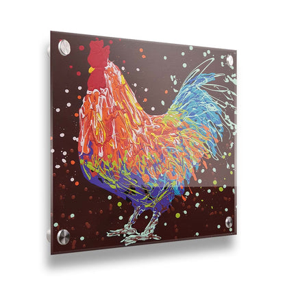 A drip painting of an orange, blue, and red rooster against a brown background. Printed on acrylic.