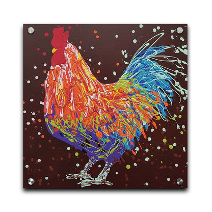 A drip painting of an orange, blue, and red rooster against a brown background. Printed on acrylic.