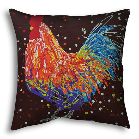 A square throw pillow designed with a drip painting of an orange, blue, and red rooster against a brown background.
