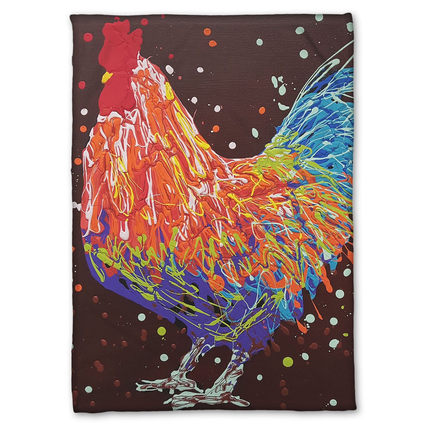 A fleece throw blanket designed with a drip painting of an orange, blue, and red rooster against a brown background.