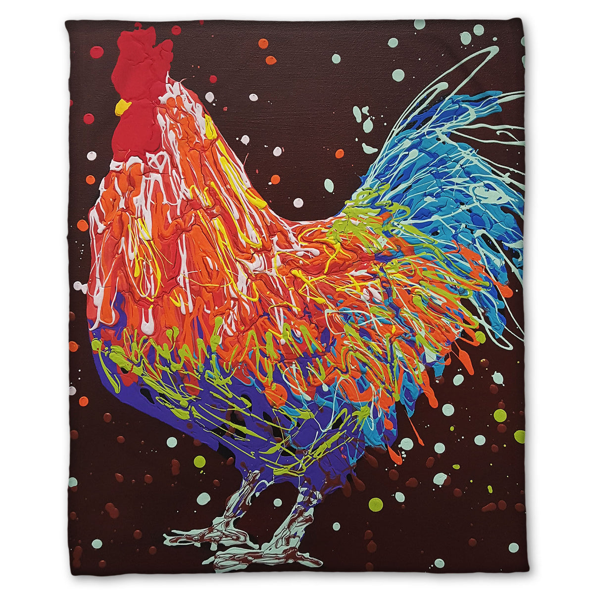 A fleece throw blanket designed with a drip painting of an orange, blue, and red rooster against a brown background.