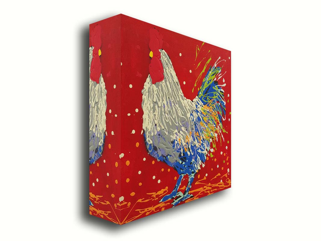 A drip painting of a white, gray, and blue rooster on a red background, accented by yellow and green. Printed on canvas.