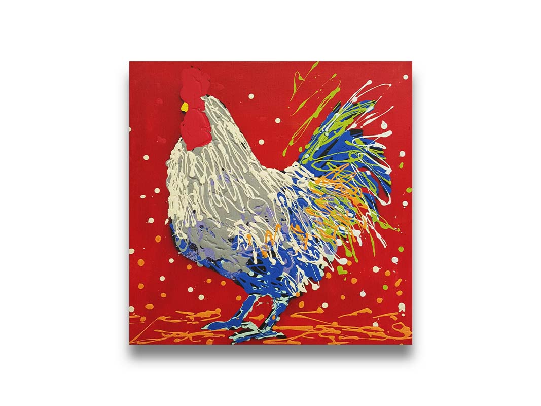 A drip painting of a white, gray, and blue rooster on a red background, accented by yellow and green. Printed on canvas.