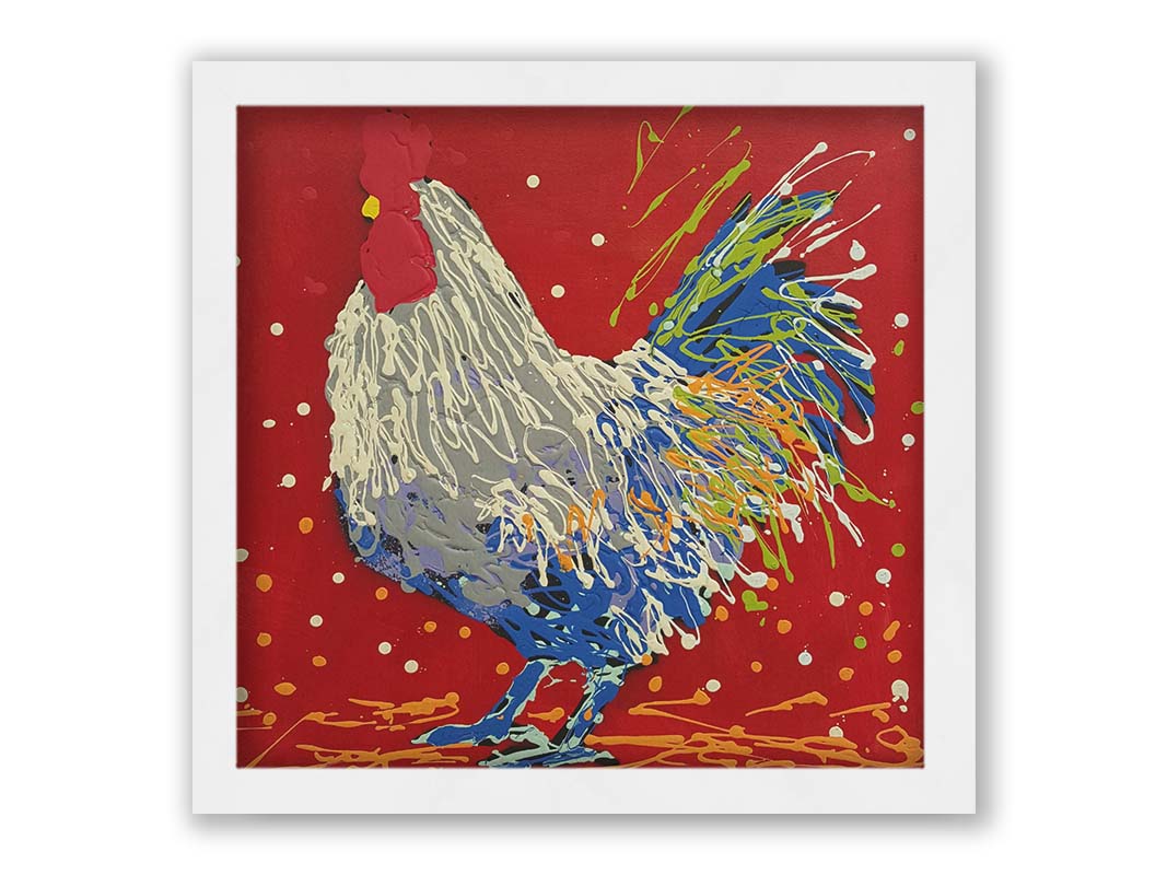 A drip painting of a white, gray, and blue rooster on a red background, accented by yellow and green. Printed on canvas and framed.