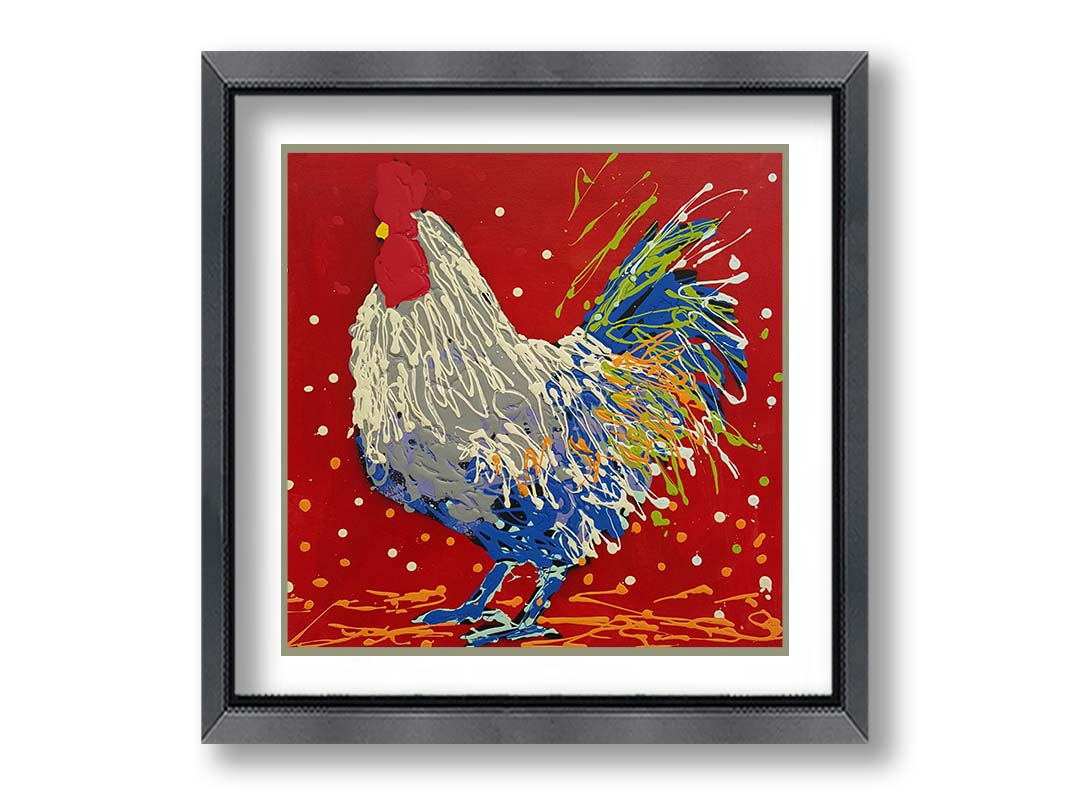 A drip painting of a white, gray, and blue rooster on a red background, accented by yellow and green. Printed on paper, matted, and framed.