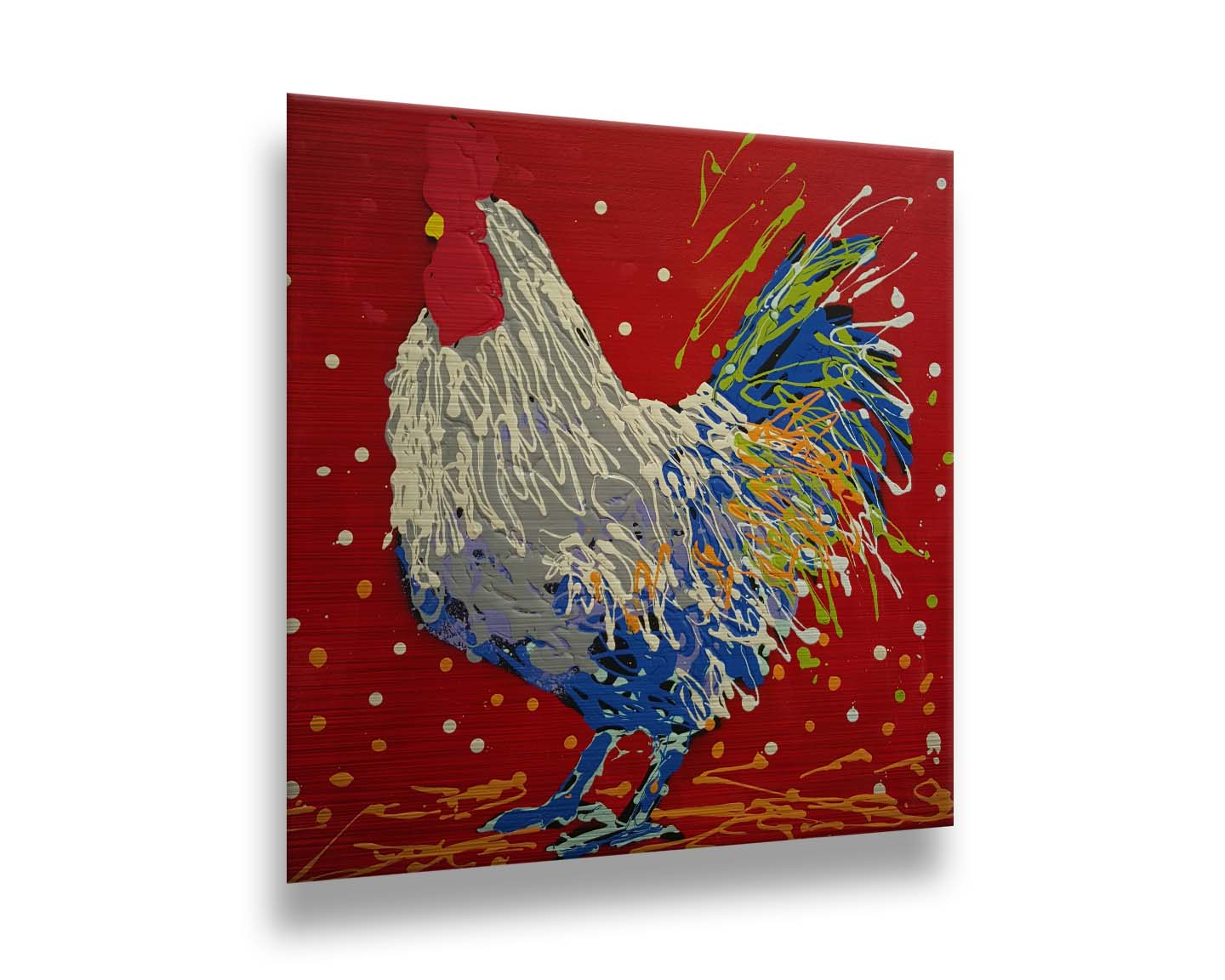 A drip painting of a white, gray, and blue rooster on a red background, accented by yellow and green. Printed on metal.