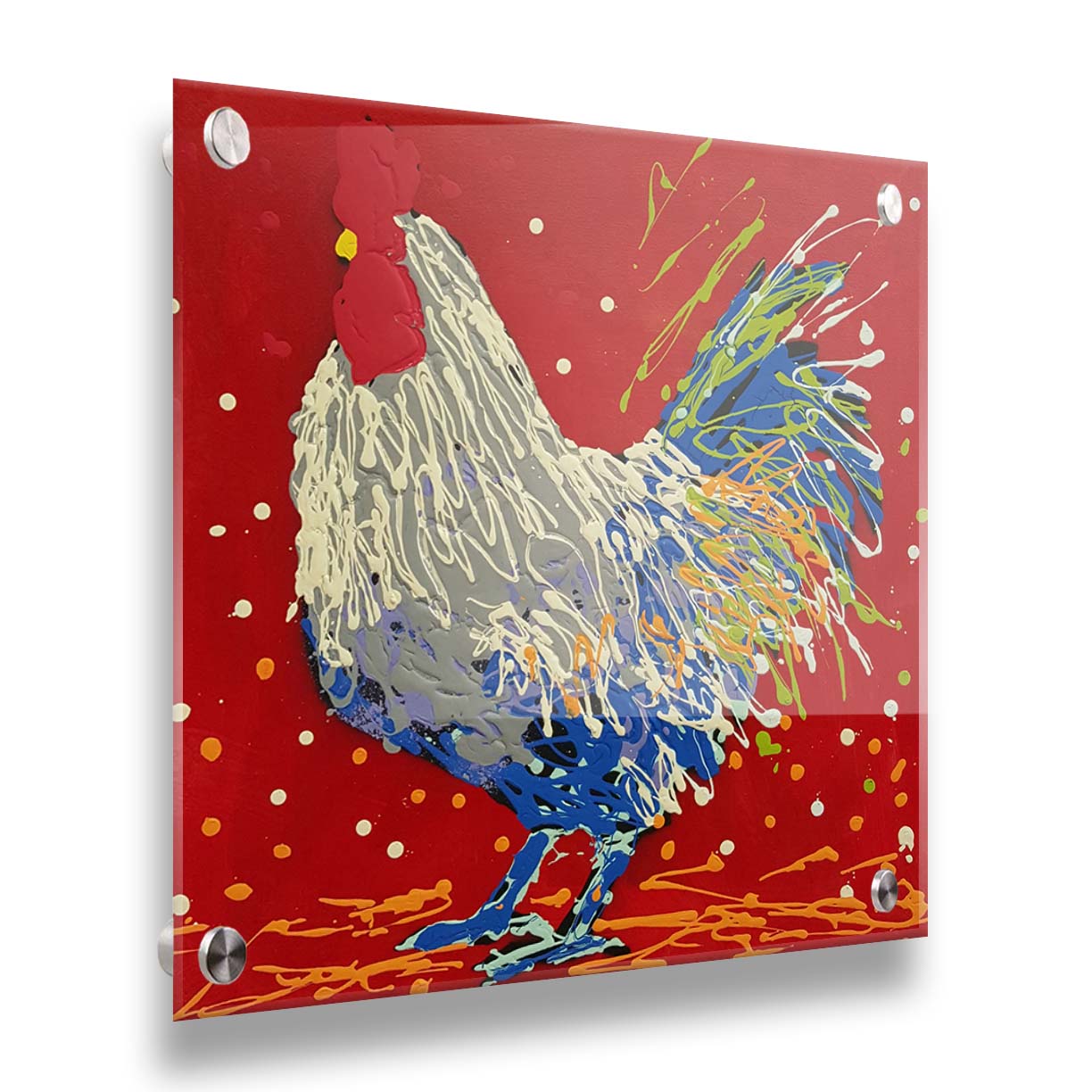 A drip painting of a white, gray, and blue rooster on a red background, accented by yellow and green. Printed on acrylic.