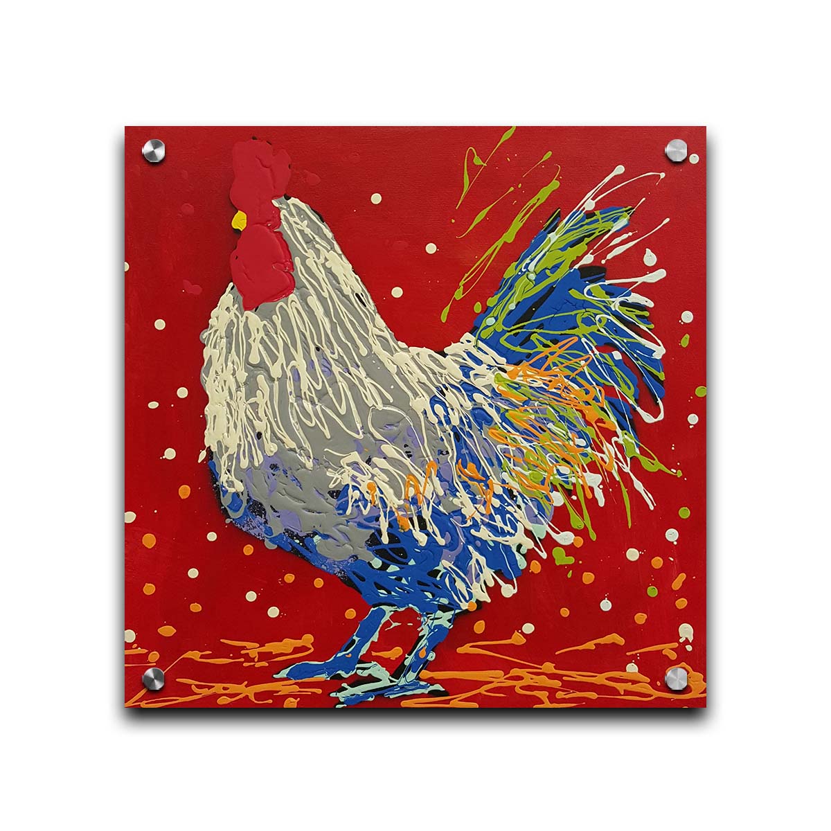 A drip painting of a white, gray, and blue rooster on a red background, accented by yellow and green. Printed on acrylic.