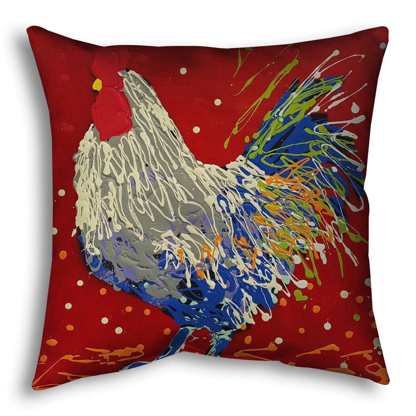 A square throw pillow designed with a drip painting of a white, gray, and blue rooster on a red background, accented by yellow and green.