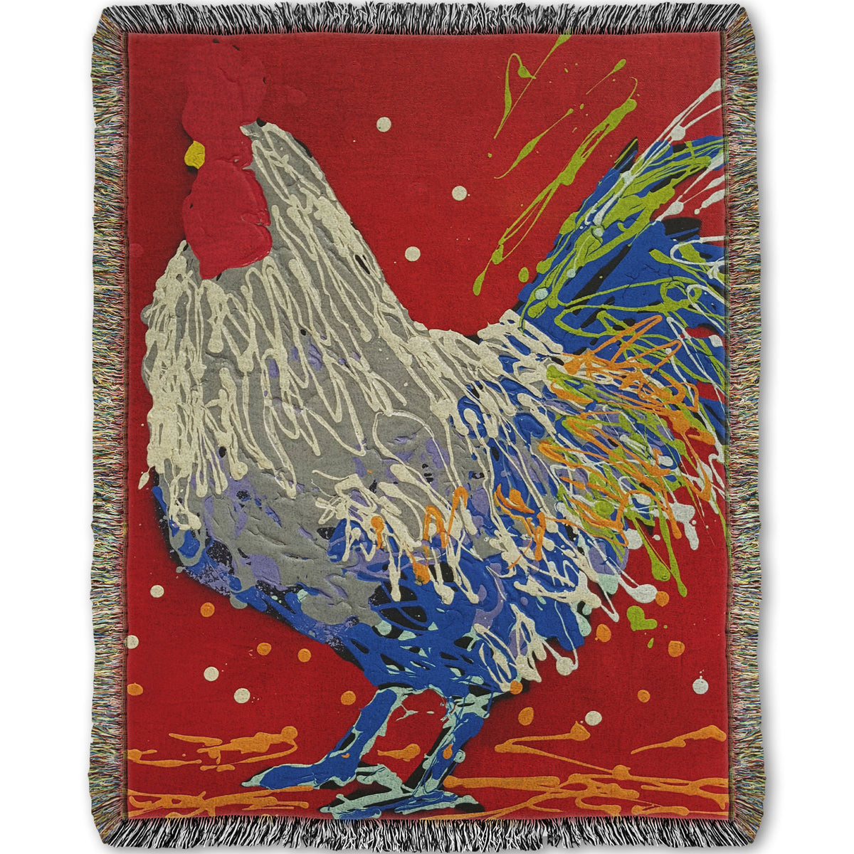 A woven throw blanket designed with a drip painting of a white, gray, and blue rooster on a red background, accented by yellow and green.