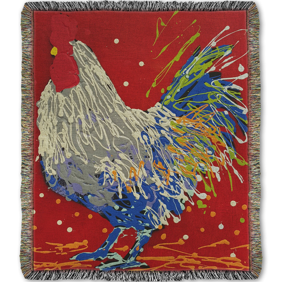 A woven throw blanket designed with a drip painting of a white, gray, and blue rooster on a red background, accented by yellow and green.